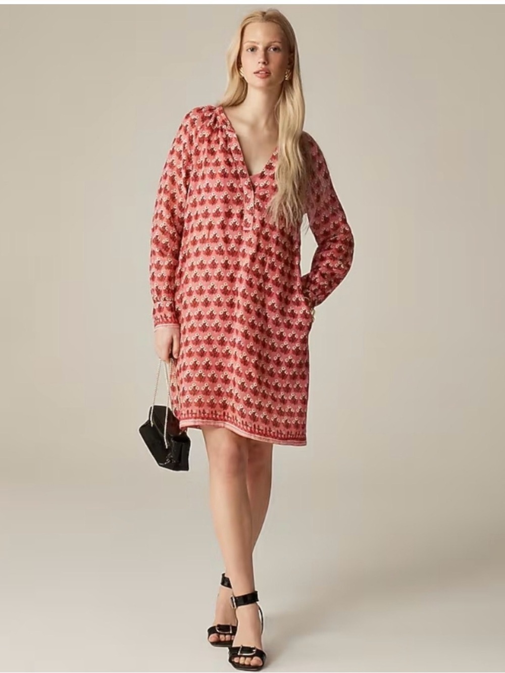 J. Crew Red Floral Long-Sleeve V-Neck Dress